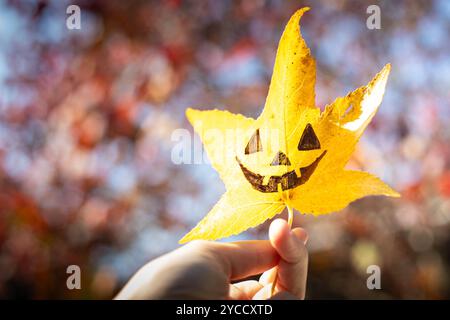 Die Hand hält ein gelbes flüssiges Blatt mit der Zeichnung eines halloween Kürbisgesichts drauf. Herbsthintergrund mit Kopierraum. Stockfoto