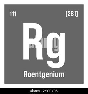 Röntgen, RG, Periodenelement mit Name, Symbol, Atomzahl und Gewicht. Synthetisches Element ohne bekannte kommerzielle oder industrielle Verwendung, das jedoch in der wissenschaftlichen Forschung verwendet wird. Stock Vektor