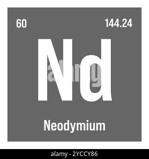 Neodym, ND, Periodenelement mit Name, Symbol, Atomzahl und Gewicht. Seltenerdmetall mit verschiedenen industriellen Verwendungen, wie z. B. in Magneten, Lasern und als Komponente in bestimmten Glasarten. Stock Vektor
