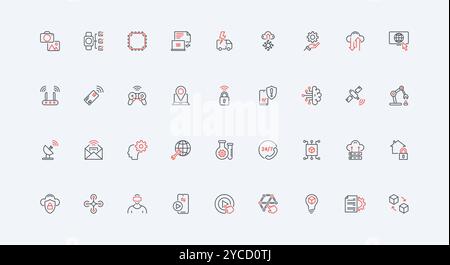 Technologie der Zukunft, digitale Innovation und KI-Line-Symbolsatz. Satellit und Router, Roboterproduktion und Drohne, intelligentes künstliches Gehirn dünne schwarze und rote Umrisssymbole Vektorillustration Stock Vektor