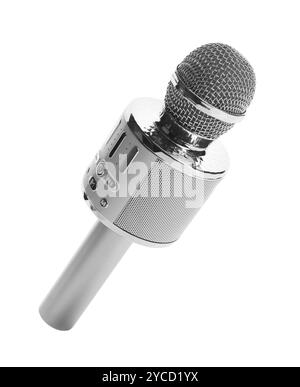 Ein silbernes Karaoke-Mikrofon isoliert auf weiß Stockfoto