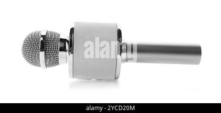 Ein silbernes Karaoke-Mikrofon isoliert auf weiß Stockfoto