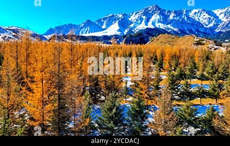 ZHANGYE, CHINA - 22. OKTOBER 2024 - Blick auf die Qilian Berge nach Schnee in Zhangye Stadt, Provinz Gansu, China, 22. Oktober 2024. Stockfoto