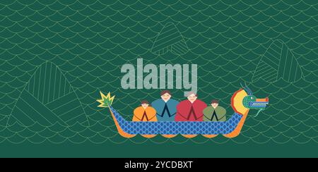 Chinese Dragon Boat Festival Line Art Banner. China Duanwu Feiertag traditionelles fest. Glückliche asiatische Familienboote auf Mondschlangen und Zongzi-Bergen-Mustern. Übersetzung Dragon Boat Festival Stock Vektor