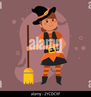 Cartoon Hexe Mädchen mit Besen in orange Halloween Kostüm, Vector Stock Vektor