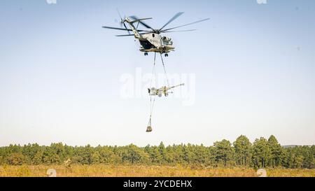 Ein Super-Hengst des U.S. Marine Corps CH-53E mit 464th Marine Heavy Helicopter Squadron, 29th Marine Aircraft Group, 2d Marine Aircraft Wing landet während der Übung Rolling Thunder auf Fort Liberty, North Carolina, 10. Oktober 2024. Bei dieser Feuerartillerieübung wurden die Kommandos- und Kontrollfunktionen, indirekte Feuerunterstützung, Gegenfeueroperationen und Sensoroperationen in einer simulierten Küstenumgebung gegen eine zukünftige Bedrohung getestet. (Foto des U.S. Marine Corps von Lance CPL. Frank Sepulveda Torres) Stockfoto