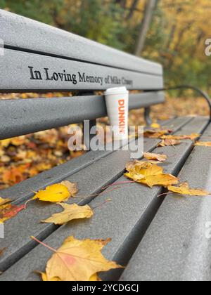 Plainfield, IL, USA. Goldene Ahornblätter streuen sich an einem Herbsttag über eine Gedenkbank, während neben der gravierten Widmung ein einsamer Dunkin' Becher steht. Stockfoto