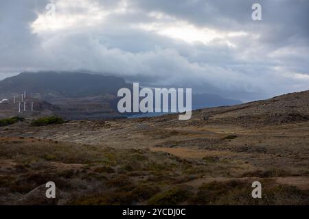 Blick auf die Landschaft vom Aussichtspunkt Miradouro da Ponta do Rosto mit den großen Klippen am Meer in Canical. Insel Madeira, Portugal Stockfoto