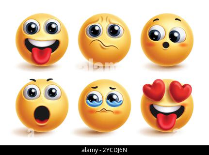 Emoji Emoticon Zeichen Vektorsatz. Emoticon süßes Gesicht in glücklich, albern, traurig, schüchtern, schockiert, heulen und verliebt Gesichtsausdruck für 3D-Symbol Stock Vektor