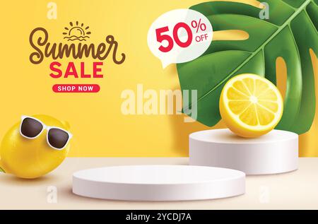 Sommerangebot Vektorbanner. Sommerpodium mit Zitronen- und Blattelementen für die Gestaltung der Produktpräsentation. Vektor-Illustration Sommerangebot Banner. Stock Vektor