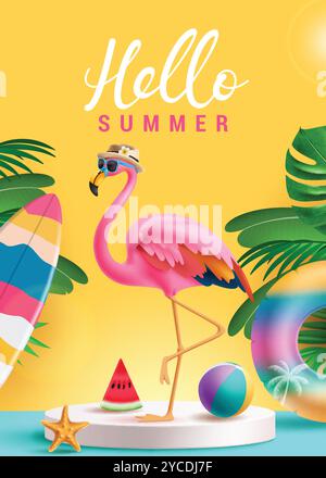 Summer Hello Gruß Text Vektor Poster. Hallo Sommertext mit niedlichem rosa Flamingo auf dem Podium für Produktpräsentationsdesign. Stock Vektor