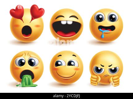 Vektorsatz für Emojis-Zeichen. Emoji-Emoticons sind in gelben Ikonen mit besessenen, glücklichen, hungrigen, erbrochenen und schüchternen Gesichtsausdrücken zu sehen. Vektor Stock Vektor