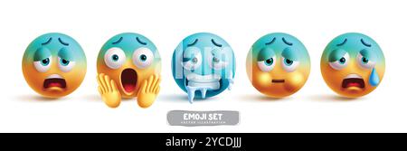 Emoji-Vektorsatz für festgefrorene Gesichtszeichen. Emojis Emoticon Gesichtsausdruck wie Freeze, Shock, kalt, müde und traurig, Charakterkollektion. Stock Vektor