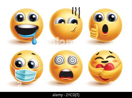 Emoji-Zeichen Gesichtsvektorsatz. Emojis Emoticon gelber Charakter in hungrigen, genehmigten, kranken, schwindelerregenden und fürsorglichen Gesichtsausdrucksgrafiken. Stock Vektor