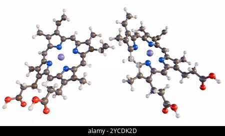 3D-Darstellung von Hämmolekülen im weißen Hintergrund. Häm ist ein Porphyrinring mit einem Eisenatom in der Mitte. Stockfoto