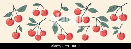 Niedliches Set Mit Cartoon Cherry-Symbolen. Einzeln, ein Paar Kirschen und eine Gruppe Kirschen mit Blättern Clipart. Kirschkunst, Designvorlage, Vektorillustration Stock Vektor