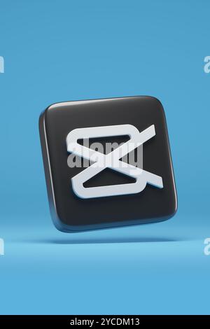 Buenos Aires, Argentinien - 11. Oktober 2024: Dreidimensionales Capcut-Logo auf blauem Hintergrund. 3D-Abbildung. Stockfoto