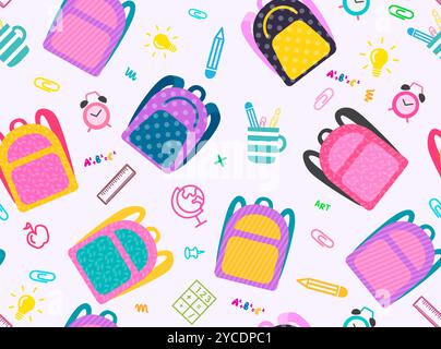 Rucksack Schule nahtloses Vektor-Design. Schultasche farbenfrohe Elemente und Lernutensilien. Vektorabbildung flaches Element Stock Vektor