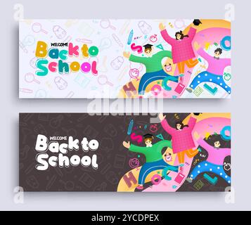 Zurück zur Schule setzen Vektorbanner. Die Figur der Karikaturschüler in der Hintergrundkollektion Doodle. Vektor-Illustration Schuldesign. Stock Vektor