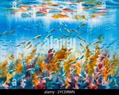 Unterwasserkorallen und Fische farbenfroher Aquarellhintergrund Stockfoto