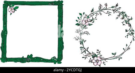 Floraler Jugendstilrahmen in Grün mit rosa Blumen, runden und quadratischen Rahmen Set Vektoren Stock Vektor