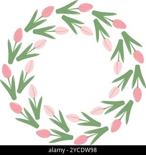 Tulpen Circle Border in trendigem zartem Rosa und grünem Rundrahmen mit Kopierraum. Federschablone. Isolierte Vektor-Illustration Thematische Karten, Poster, Broschüren, Banner, Preisschilder, Label oder Web-Werbeaktion Stock Vektor