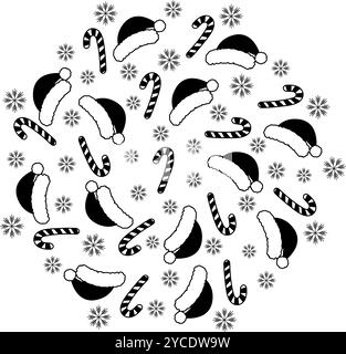 Weihnachtsmützen, gestreifte Bonbonbons und Schneeflocken in verschiedenen Größen Schwarz-weiß-Kreis-Hintergrundee. Isolierte Vektor-Illustrationskarten, Poster, Faltblätter, Banner, Broschüren, Grußworte, Label oder Web Stock Vektor