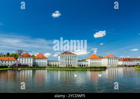 Schwäne im künstlichen Pool vor dem Schloss Nymphenburg. Mun Stockfoto