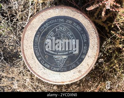 Marker zum 200-jährigen Bestehen des Campingplatzes Lewis and Clark am Decision Point in der Nähe von Loma, Montana Stockfoto