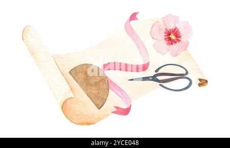 Schere, Pergamentrolle, rosafarbenes Band und Blume, Farbkomposition für Protractor-Aquarelle isoliert auf weiß. Handgezeichnete hochwertige Kunst für stationäre Zwecke Stockfoto
