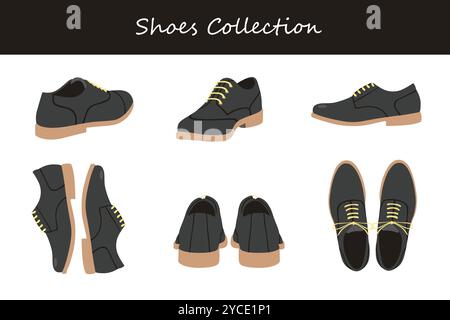 Schuhkollektion in verschiedenen Stellungen. Vektorabbildung. Stock Vektor