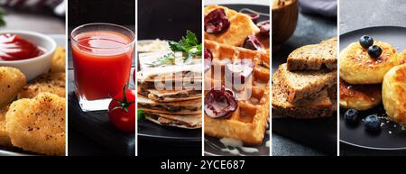 Collage von verschiedenen Fotos von köstlichem Essen. Eine Reihe von Bildern mit Speisegeschirr Stockfoto