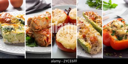 Collage von verschiedenen Fotos von köstlichem Essen. Eine Reihe von Bildern mit Speisegeschirr Stockfoto