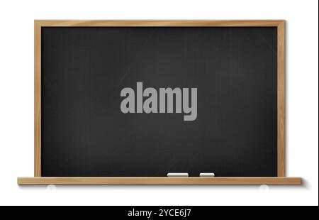 Schultafel isoliert auf Wandhintergrund. Vektorrealistische Illustration von schwarzer Tafel mit Kreidestücken auf dem Regal, Büropräsentation oder Innenausstattung im Klassenzimmer, Bildungsausrüstung Stock Vektor