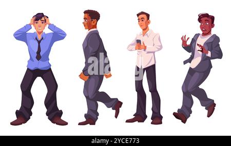Vier männliche Charaktere in verschiedenen emotionalen Posen. Zeichentrickvektor-Illustration Set von verschiedenen Mann gestresst, gehen selbstbewusst im Anzug, überprüfen sein Handy, überrascht oder schockiert in unordentlichen Kleidung. Stock Vektor