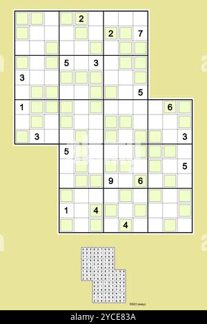 Sensei Sudoku mit gerader Variante. Zwei überlappende, gerade überlappende Sudoku-Rätsel. Rotationssymmetrie. Leicht (relativ), 18 Hinweise. MK II. Vektor. Stock Vektor