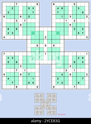 Samurai Sudoku mit Windoku-Variante. Fünf überlappende Windoku-Rätsel, volle Symmetrie. Sehr hart, 77 Hinweise. MK II. Vektor. Stock Vektor