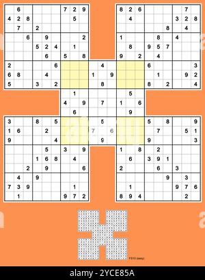 Samurai Sudoku, fünf überlappende Sudoku-Rätsel. Volle Symmetrie, 129 Hinweise. Einfach. MK II. Vektor. Stock Vektor