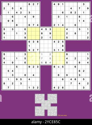 Samurai Sudoku, fünf überlappende Sudoku-Rätsel. Volle Symmetrie, 140 Hinweise. Sehr einfach. MK II. Vektor. Stock Vektor