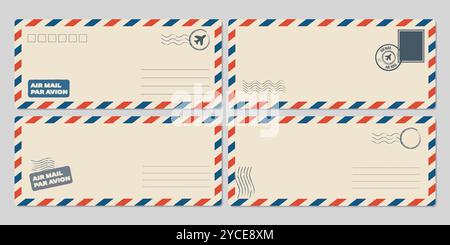 Vorlage für Postkartenumschläge. Grußkarte Briefmarken Postdienste roter blauer Rahmen schnelle Lieferung Luftschiffe stilvolles Retro-Design leere leere Grafik Stock Vektor