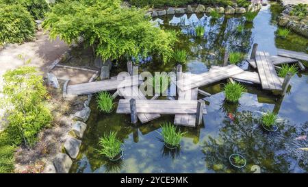 Herrlicher Blick aus der Vogelperspektive auf den japanischen Garten in Kaiserslautern und roten Ahornbäumen, Ende Mai in Rheinland-Pfalz: Rote japanische Brücke und Stockfoto