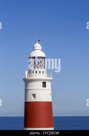 Rot-weiß gestreifter Leuchtturm am Europa Point, Gibraltar, britisches Territorium in Südspanien, Europa Stockfoto