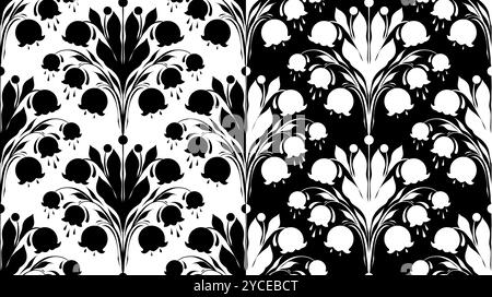 Vektorsatz von monochromen nahtlosen Mustern mit Sträußen von Lilien des Tales. Schwarz-weiße Texturen mit dekorativem Blumendesign. Oberfläche Stock Vektor