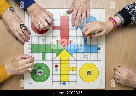 Gruppe von nicht erkennbaren Seniorinnen, die das klassische Spiel Ludo oder Parchis im Pflegeheim spielen. Stockfoto