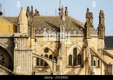 Teleobjektiv-Blick auf die Kathedrale von Toledo. Details der Bogenschützen in der Apse. Die Primatiale Kathedrale der Heiligen Maria von Toledo ist ein römisch-katholischer Churc Stockfoto