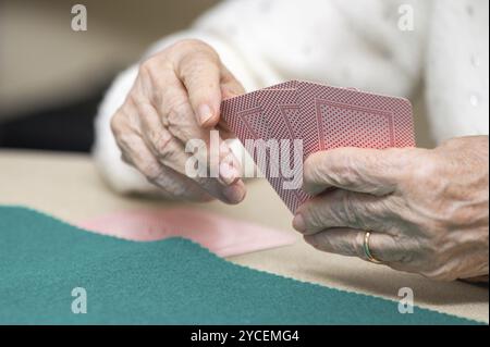 Aktiver Ruhestand, Gruppe älterer Frauen, die Spaß beim Kartenspielen im Pflegeheim haben. Grafik Stockfoto