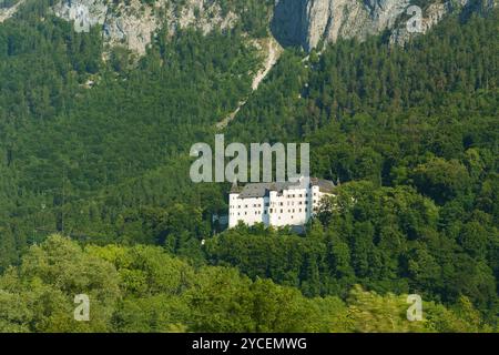 Eine beeindruckende alte Burg erhebt sich stolz inmitten von dichten Bäumen auf einem Hügel, beleuchtet von der sanften Morgensonne vor der Kulisse der majestätischen Berge. Stockfoto