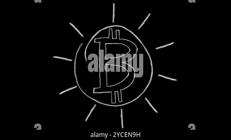 Animiertes Bitcoin-Symbol, Kreidestrich auf schwarzem Hintergrund, ideal für Compositing, Verwendung als Maske, ideal für Daten, Unternehmen, Finanzen und Internet, ico Stockfoto