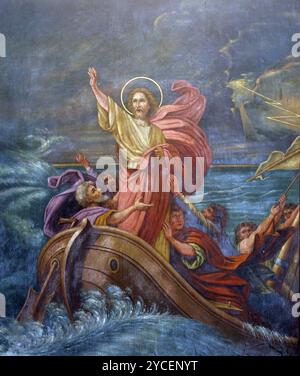 Jesus beruhigt einen Sturm auf dem Meer Stockfoto