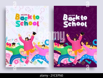 Zurück zur Schule Set Vektorplakat. Cartoon College-Absolvent-Charakter mit Kritzelhintergrund. Vektor Illustration Schule Flyer Kollektion Design. Stock Vektor